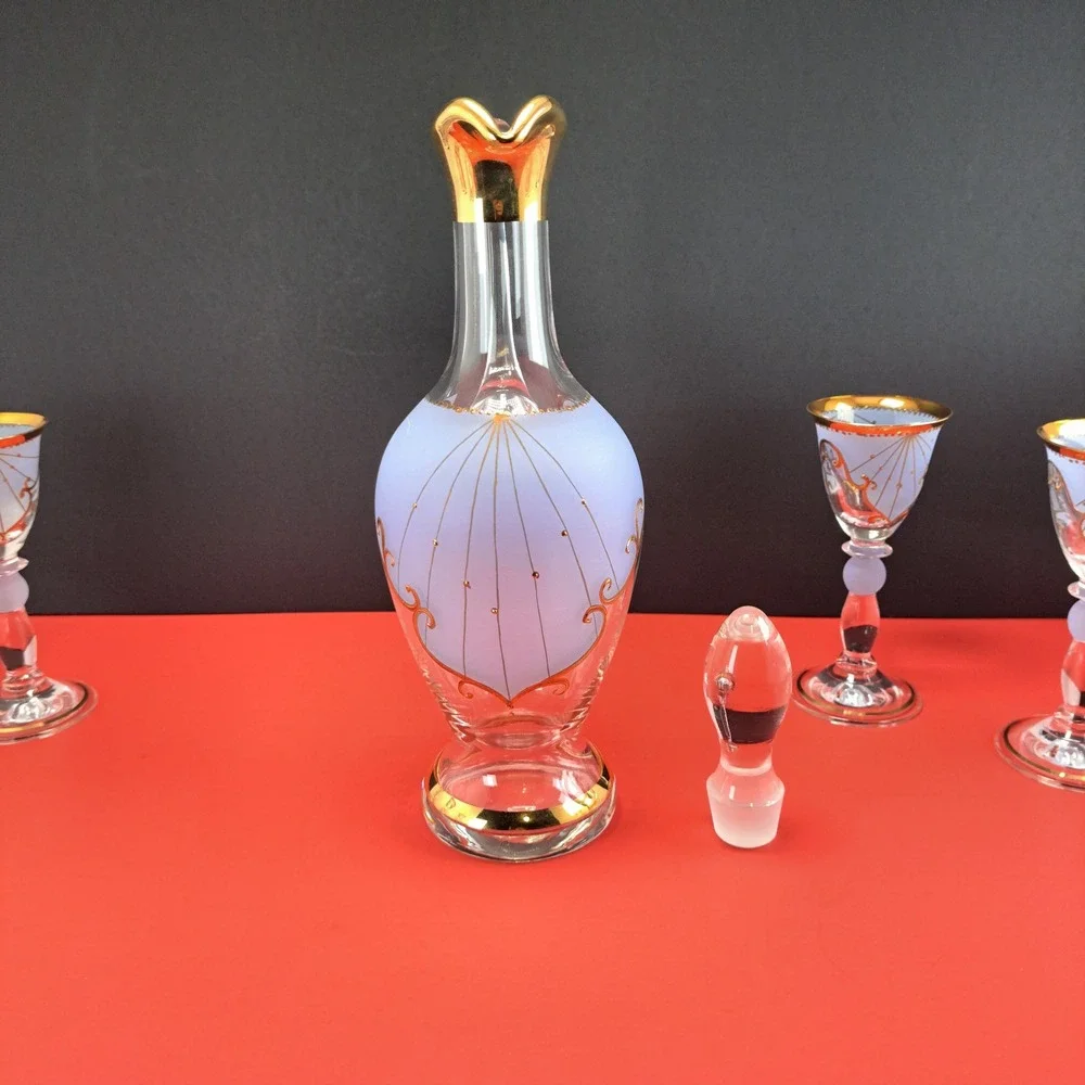 Murano Style Decanter Set Unisex OS Blue Excellent Gold Gilt 7pc Cordial Set